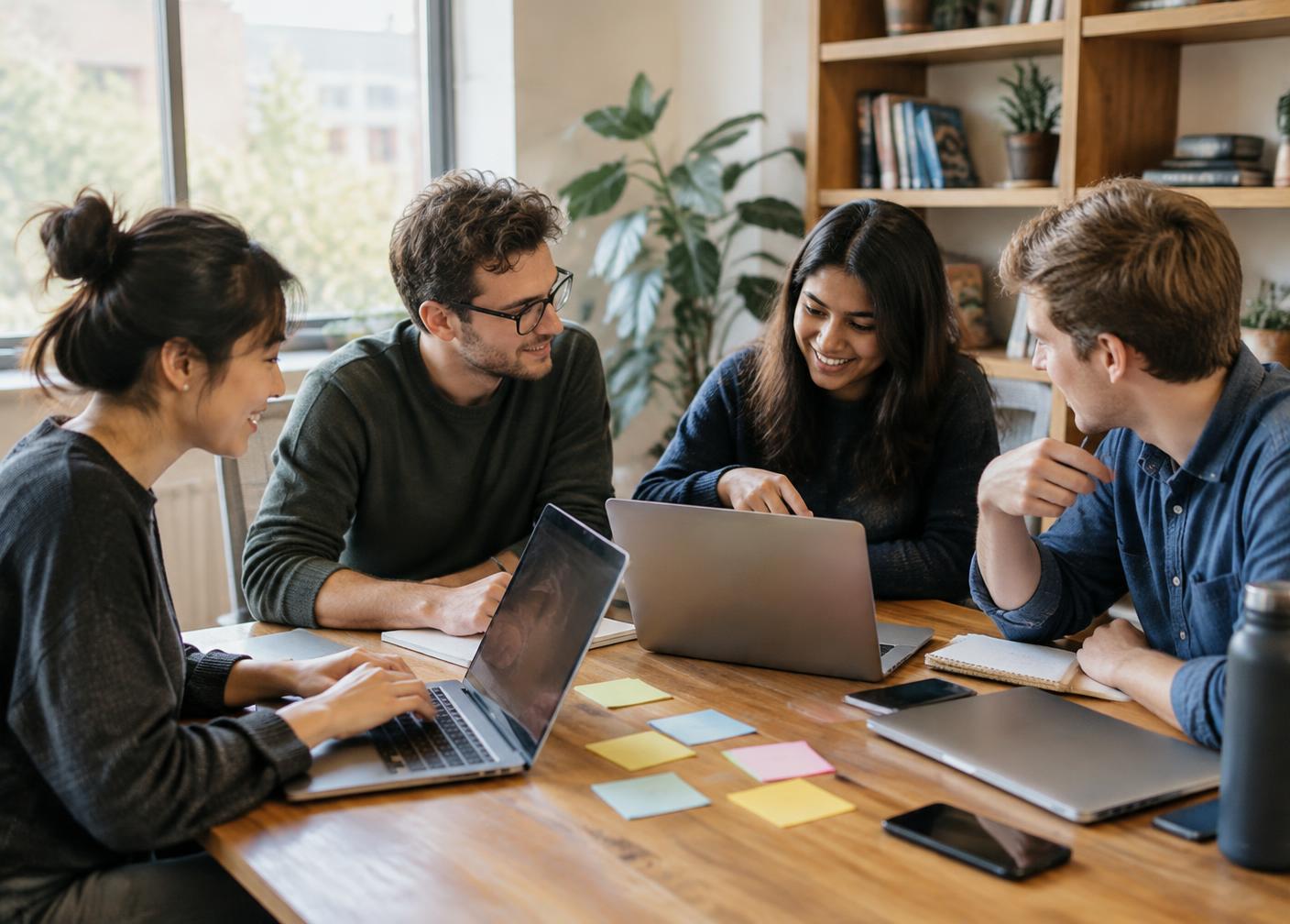 A small team collaborating at a table with laptops