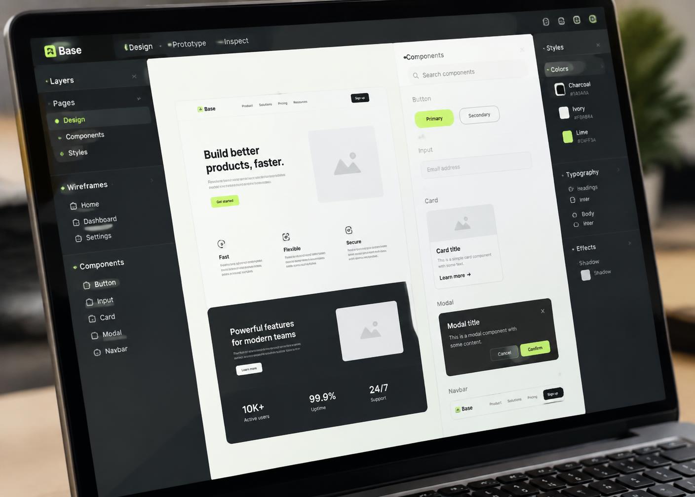 Interface design tool showing wireframes and a component library