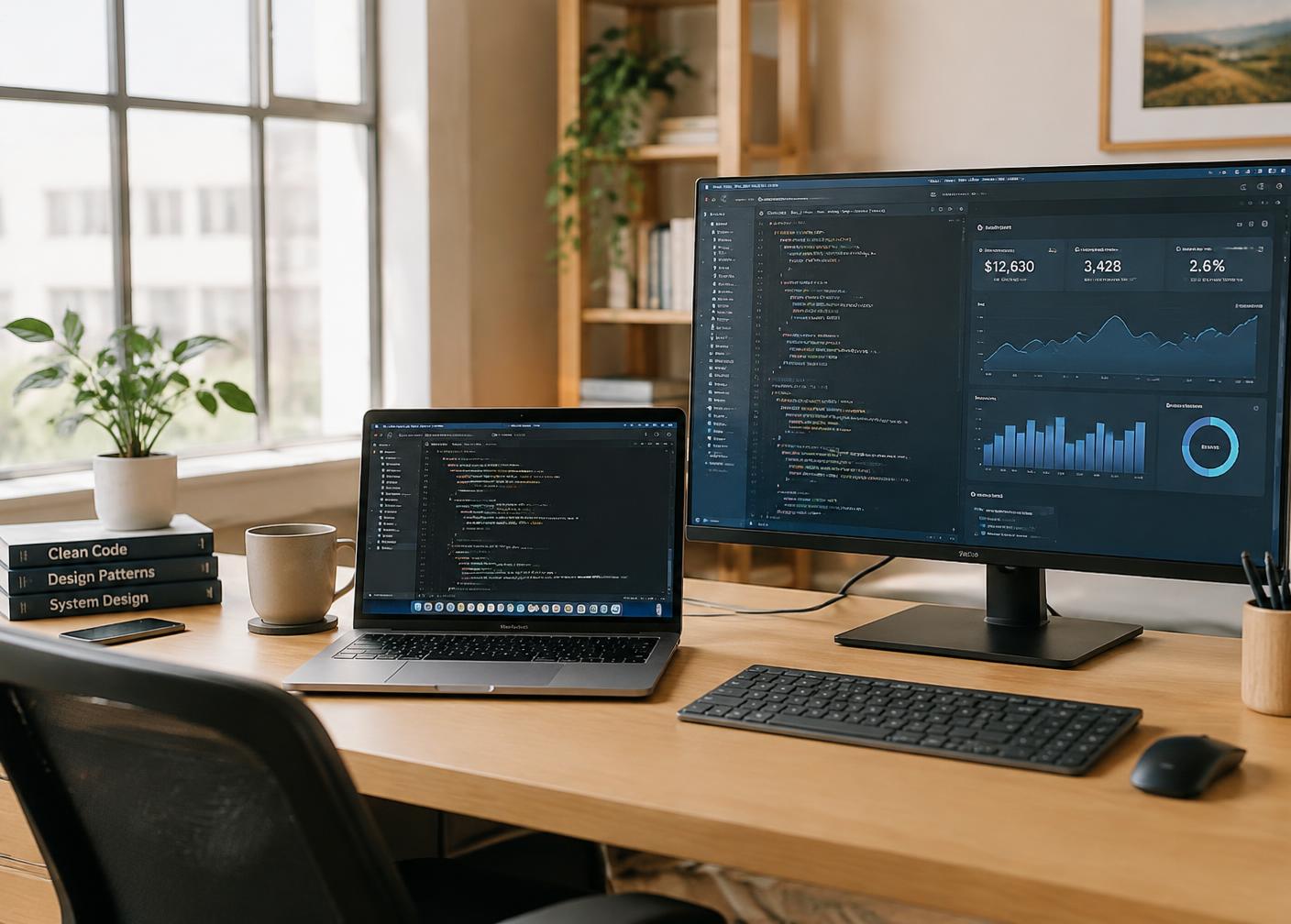 Workspace with code on a laptop and a monitor showing dashboards